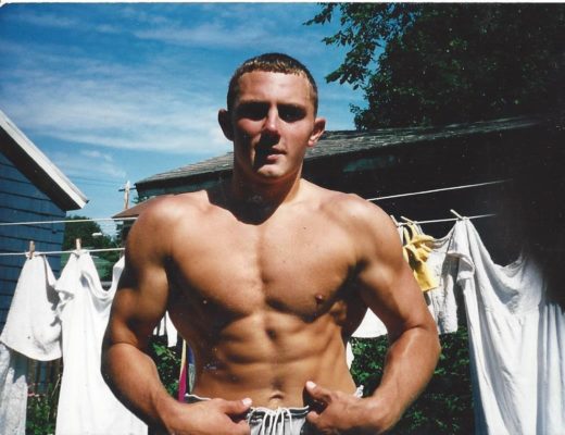 Obsessed with comparing my body with the likes of Sylvester Stalone, here is my teenage self flaunting my muscles.